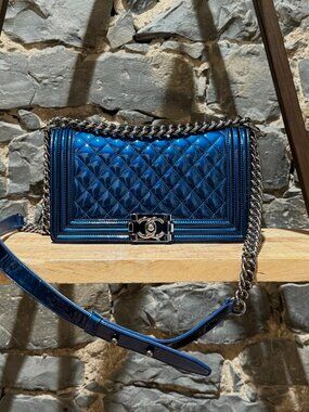 Chanel 2014 Metallic Blue Patent Old Medium Boy Bag